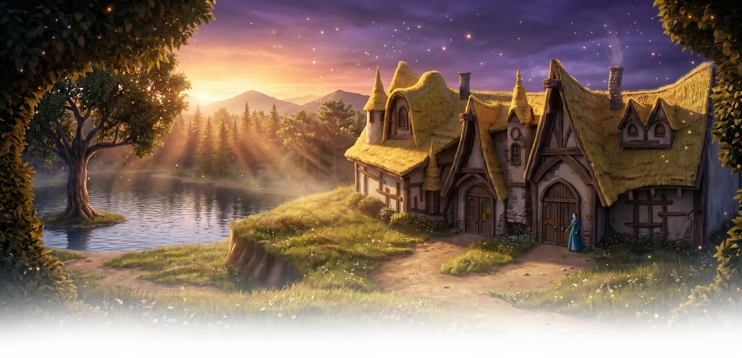 Castelo da escola de magia Ônyra ao entardecer com dragão sobrevoando